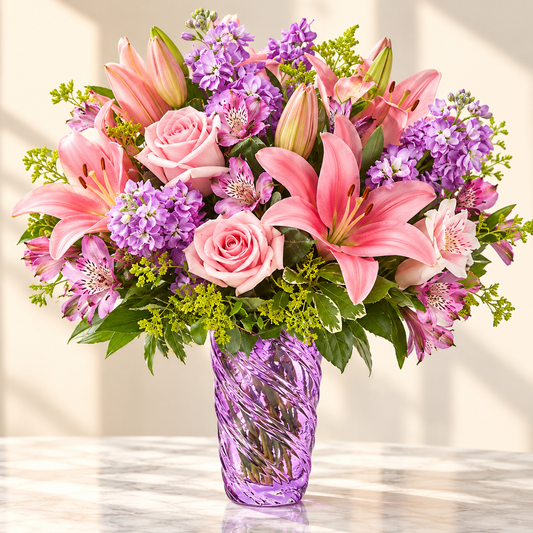 Precious Petals Bouquet – Pink Lilies in Luxe Swirl Vase