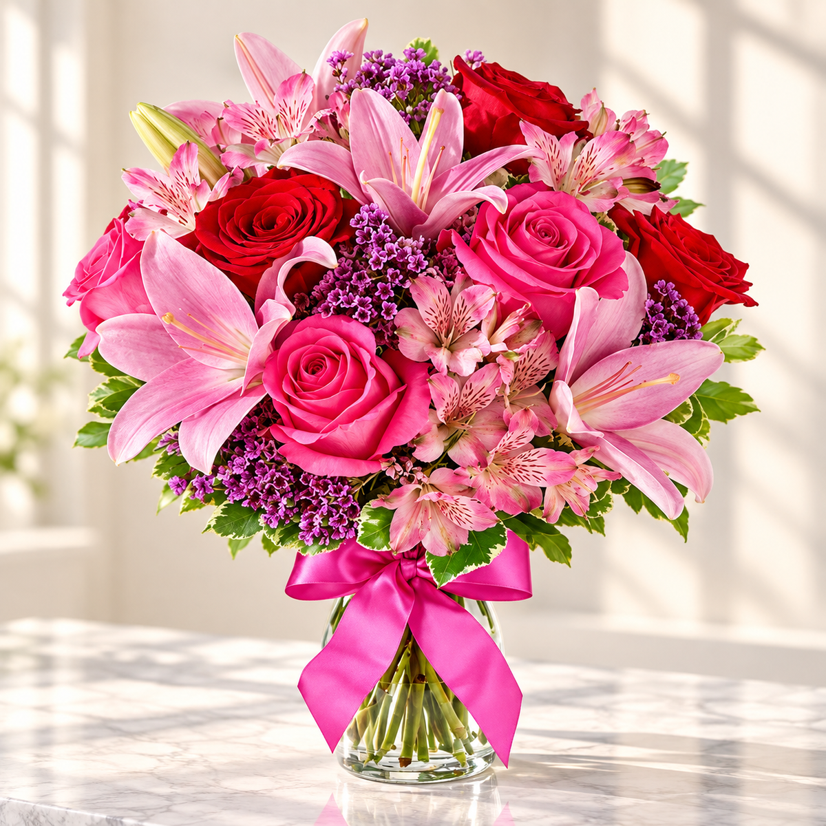 Sweet pink rose and lily bouquet with pink ribbon styled on a marble table
