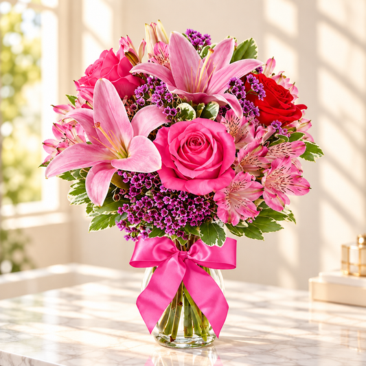 Pink lily and rose bouquet with a pink satin bow in a glass vase, front view
