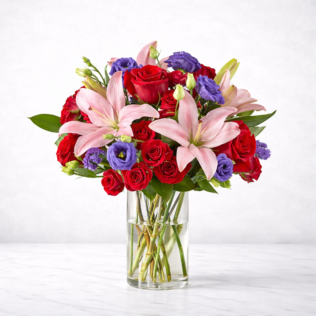 Colorful bouquet of red roses, pink lilies and purple blooms in glass vase