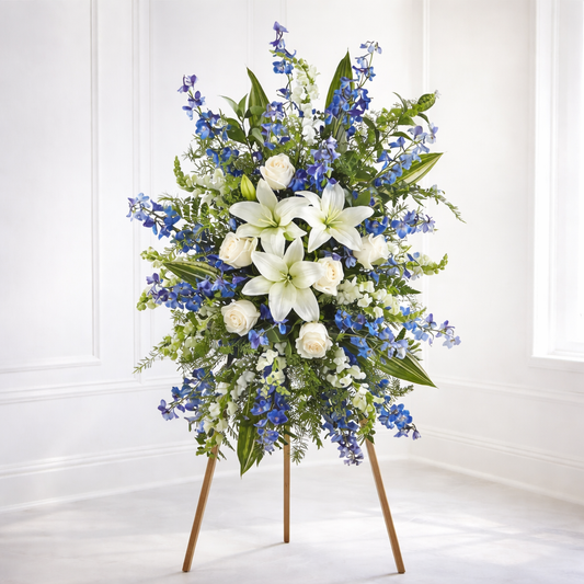 Faithful Friend Standing Spray – Blue & White Sympathy Flowers Premium