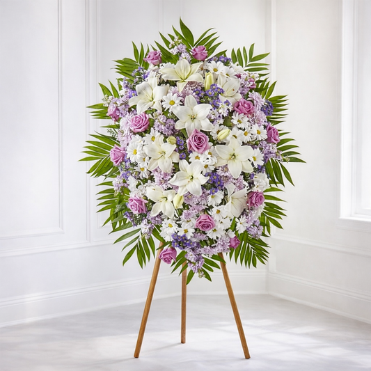 Surrounded by Love Standing Spray – Lavender & White Sympathy Flowers