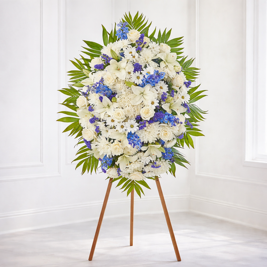 At Rest Standing Spray – White & Blue Sympathy Flowers