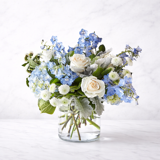 Clear Skies Bouquet Soft Blue & White Hydrangea Rose Arrangement
