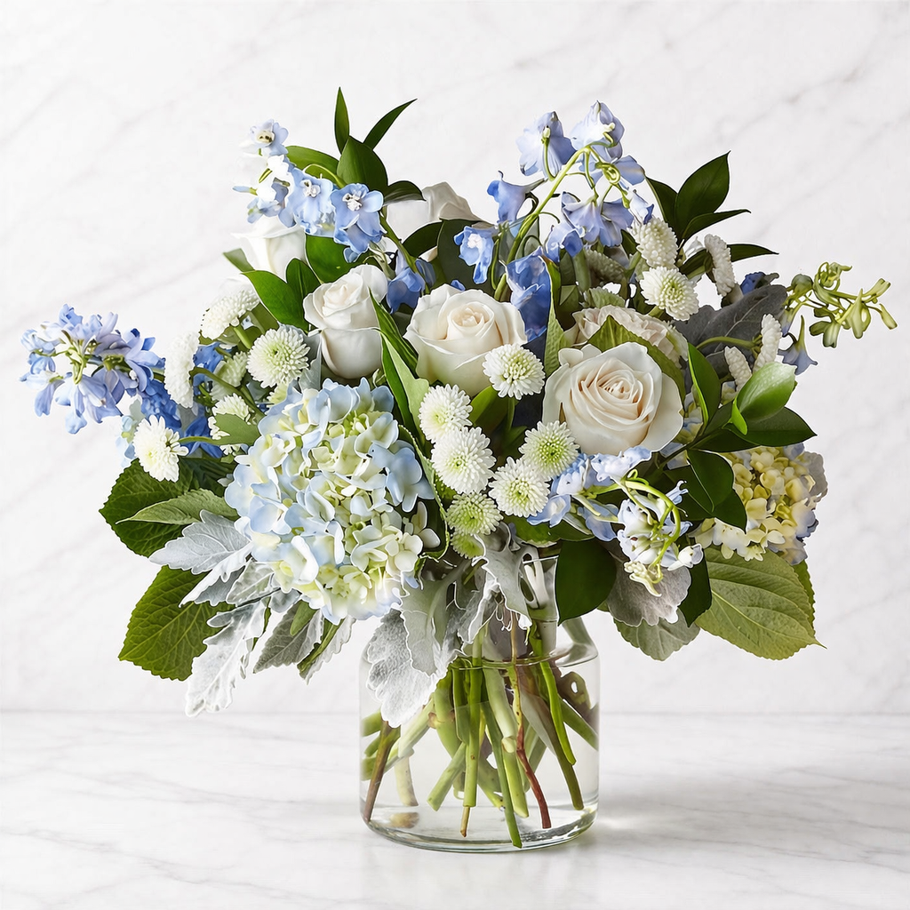 Clear Skies Bouquet Soft Blue & White Hydrangea Rose Arrangement