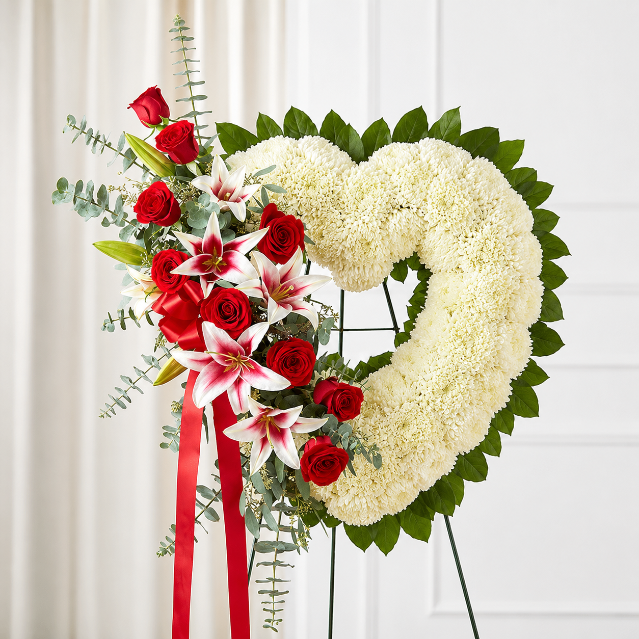 Red Rose & Lily Open Heart Standing Spray