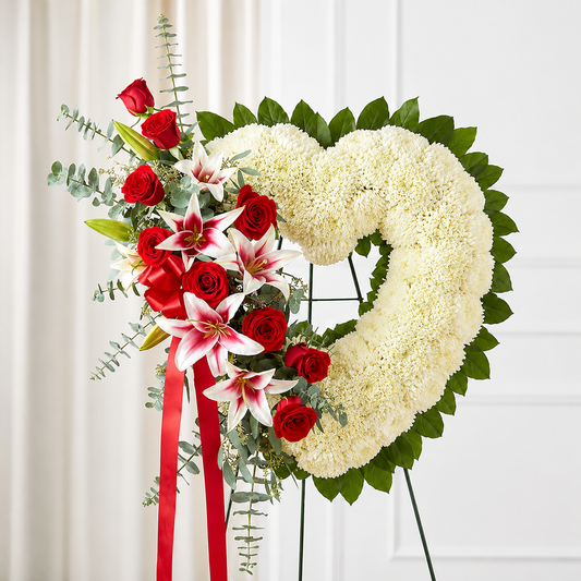 Red Rose & Lily Open Heart Standing Spray