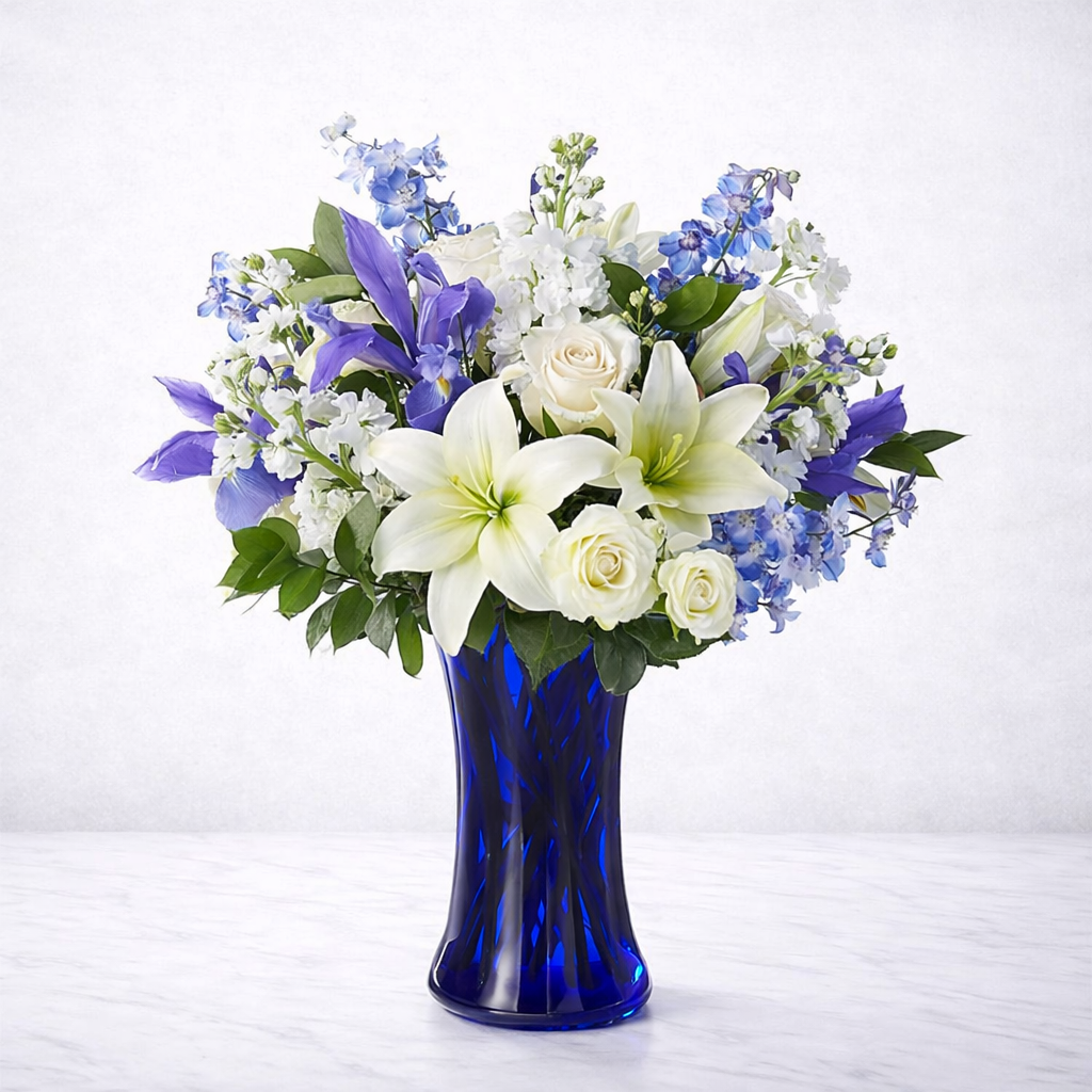 Calming Comfort Bouquet – Blue & White Sympathy Flowers