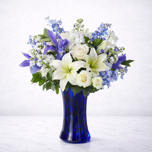 Calming Comfort Bouquet – Blue & White Sympathy Flowers