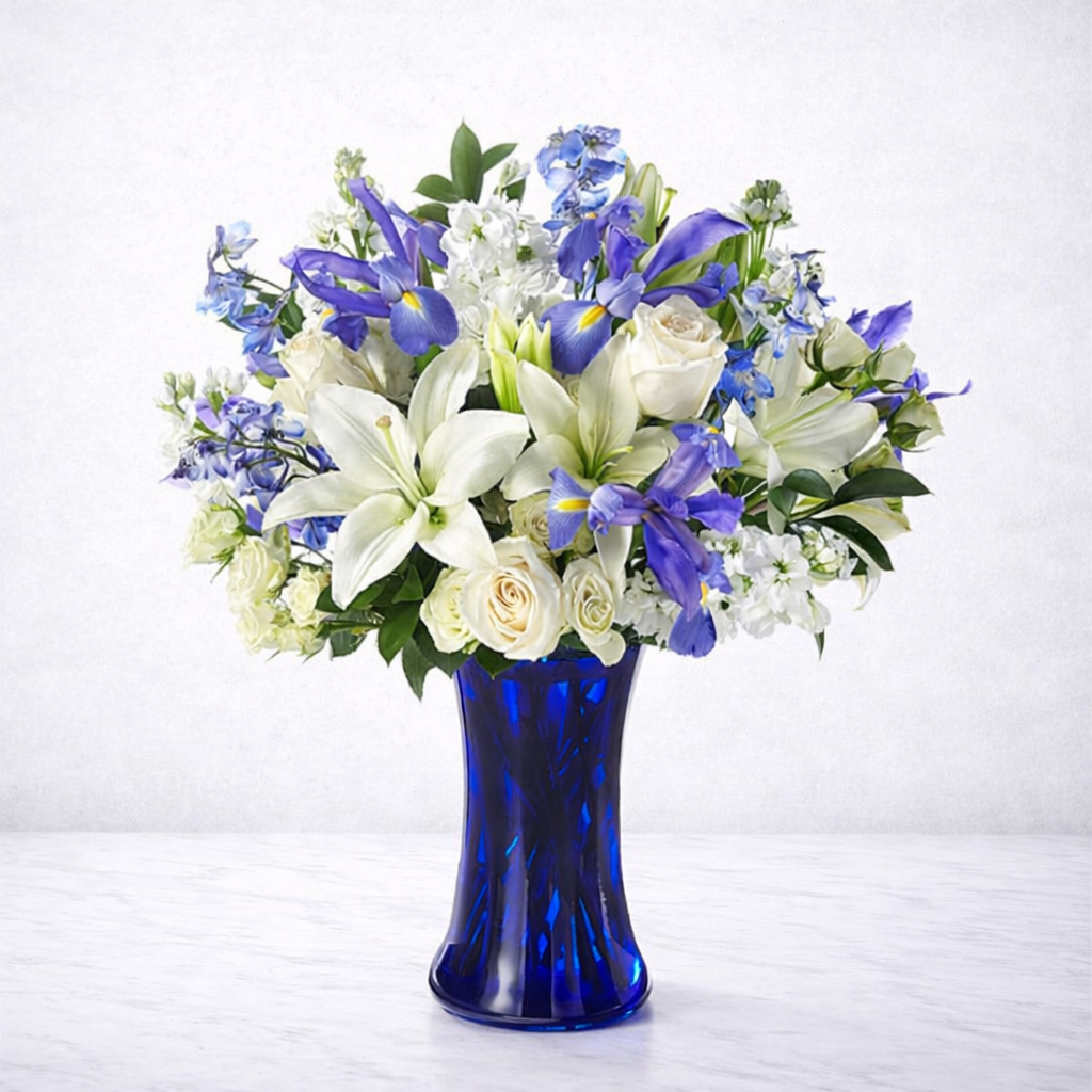 Calming Comfort Bouquet – Blue & White Sympathy Flowers