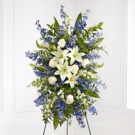 Faithful Friend Standing Spray – Blue & White Sympathy Flowers Premium