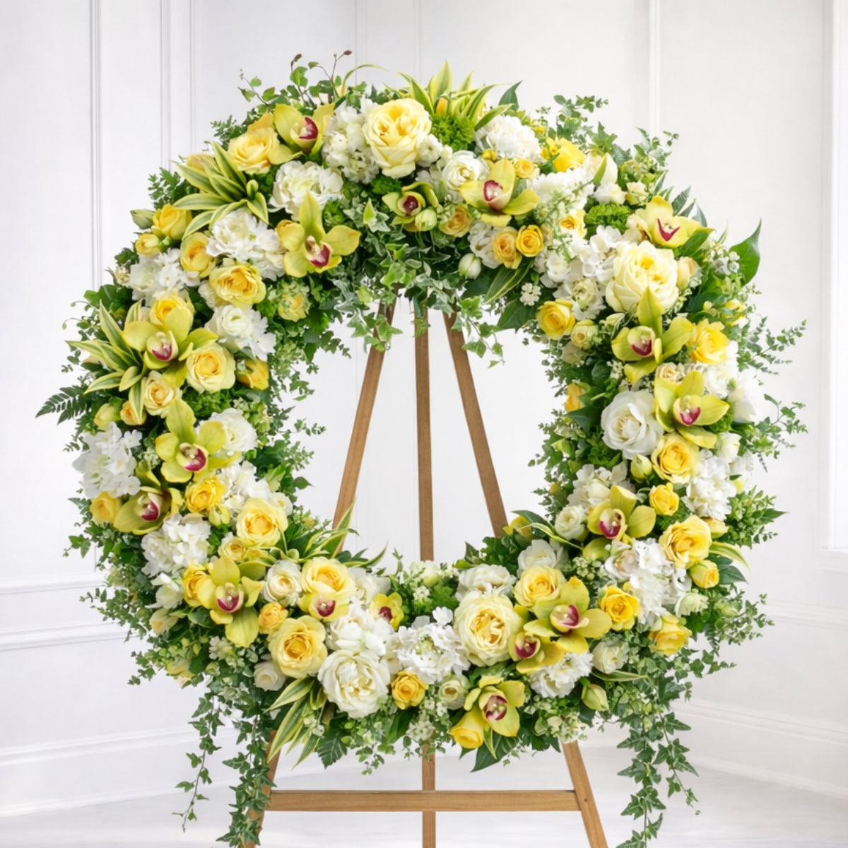 Yellow & White Orchid Sympathy Wreath