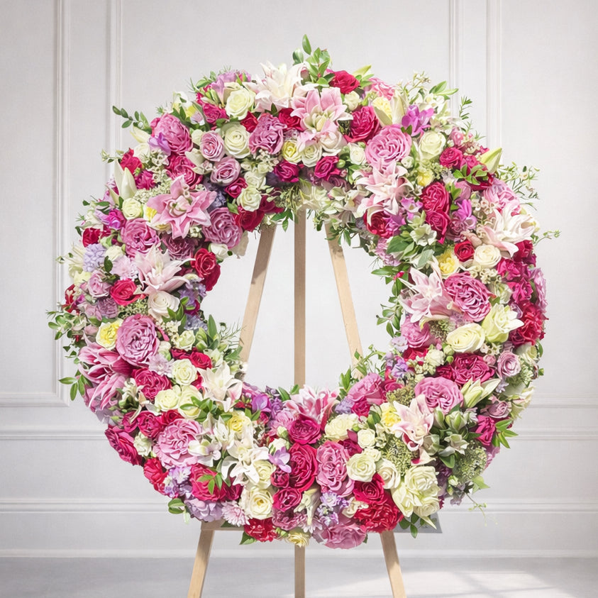Sympathy Standing Wreath – Pink & White Floral Tribute