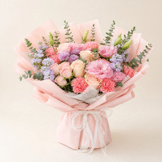 Blush Garden Bouquet — premium seasonal flowers in blush pink, lavender and creamy white, hand-wrapped with ribbon by LaLa Florist in Baldwin Park