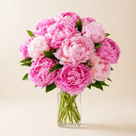 Blushing Peony Garden — premium pink peonies in a clear glass vase by LaLa Florist in Baldwin Park