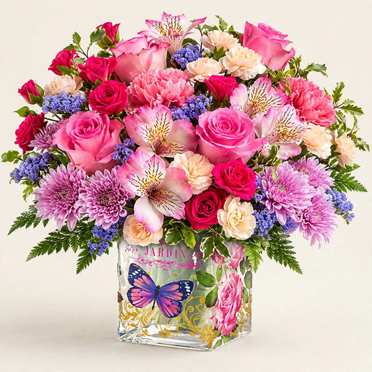 Butterfly Garden Bliss Bouquet — pink roses, carnations and alstroemeria in a butterfly-print glass vase by LaLa Florist in Baldwin Park