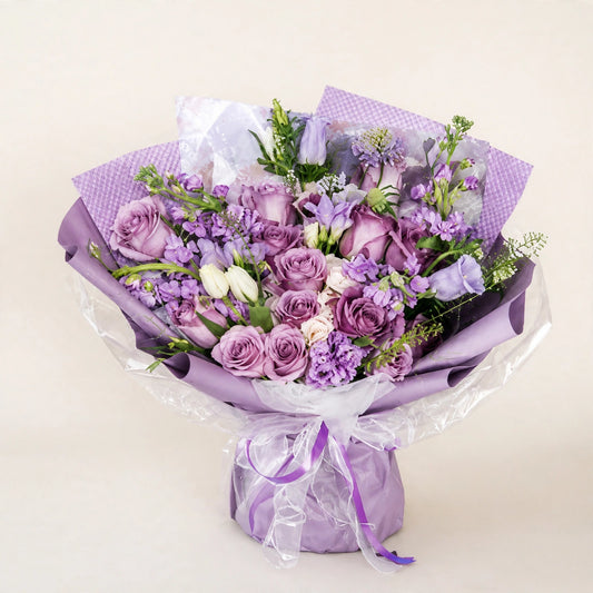 Lavender Garden Rose Bouquet — premium lavender roses and seasonal blooms, hand-wrapped by LaLa Florist in Baldwin Park