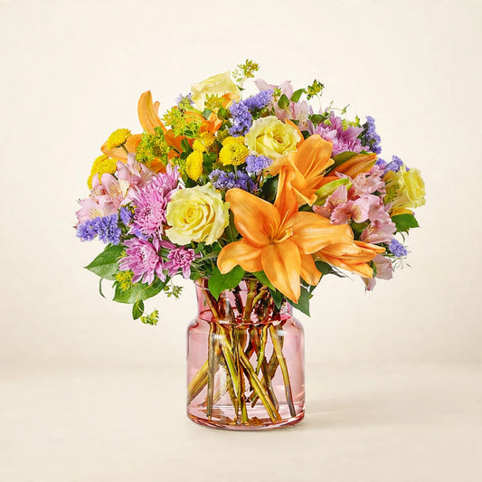 Lucky Charm Bouquet — roses, lilies and alstroemeria in a vibrant multicolored arrangement by LaLa Florist in Baldwin Park