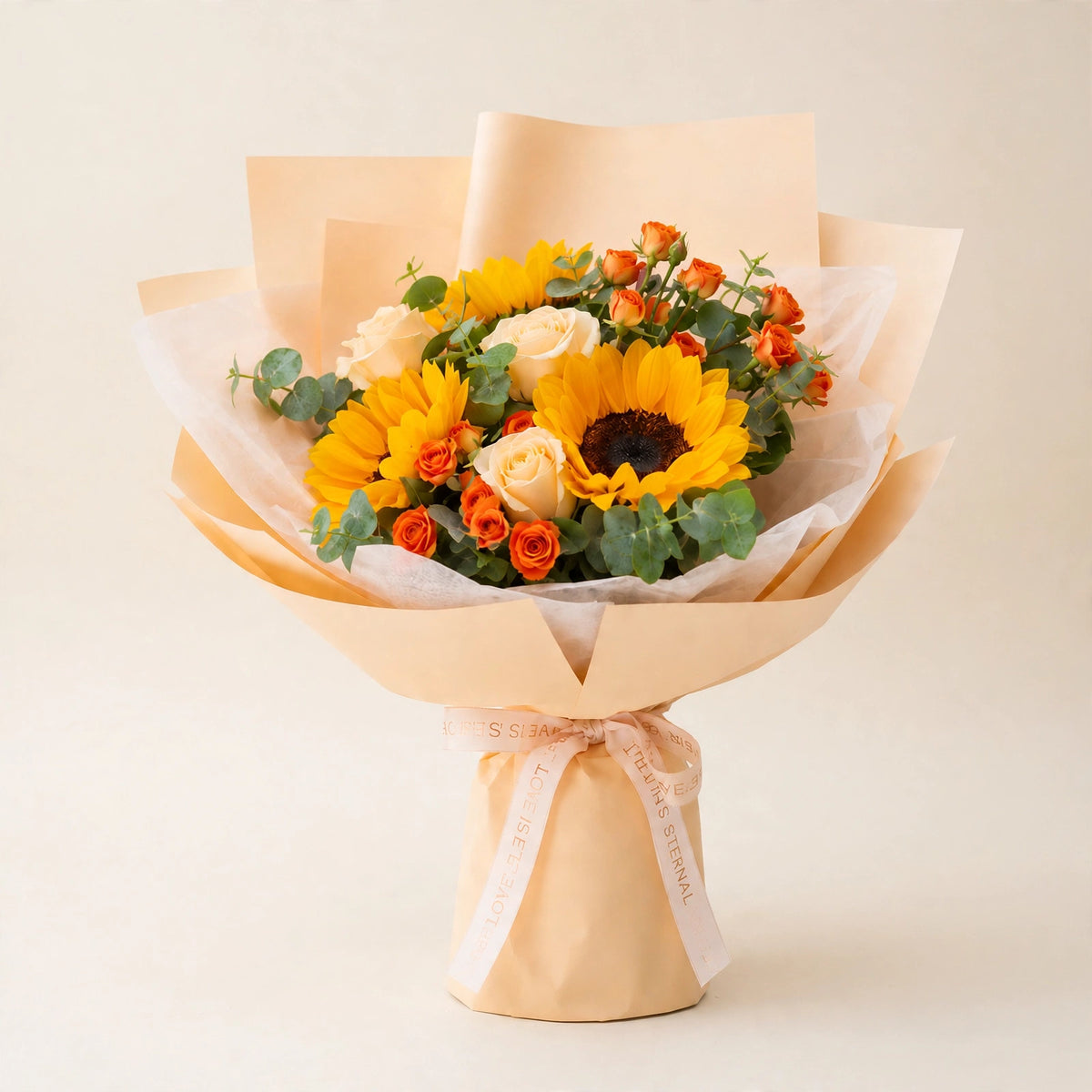 Mini Golden Sunshine Bouquet — sunflowers with roses and seasonal blooms, hand-wrapped by LaLa Florist in Baldwin Park