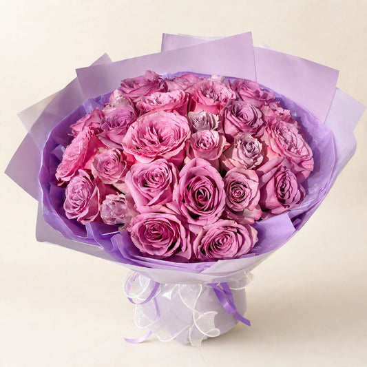 Mixed Purple Roses Bouquet — 30 mixed purple and lavender roses, hand-wrapped by LaLa Florist in Baldwin Park