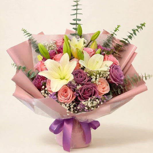 Pastel Elegance Bouquet — white lilies, lavender and blush pink roses with baby's breath, hand-wrapped by LaLa Florist in Baldwin Park