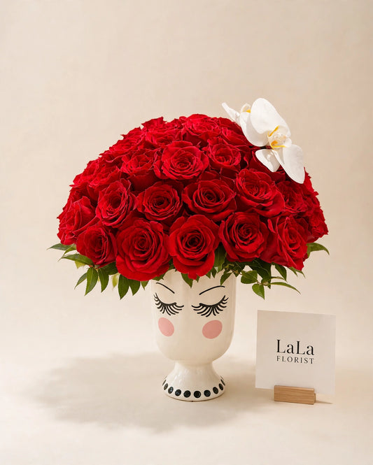 Red Roses in Beauty Vase — 30 premium red roses in a beauty face vase by LaLa Florist in Baldwin Park