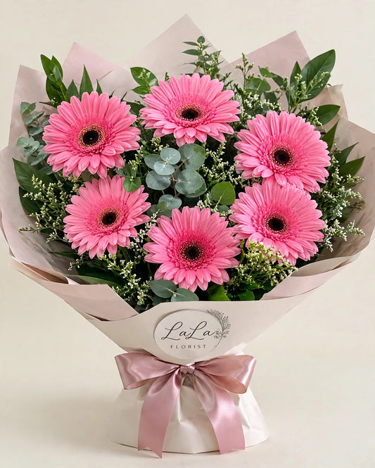 Sweet Pink Gerbera Bouquet — six fresh pink gerbera daisies with seasonal greenery by LaLa Florist in Baldwin Park