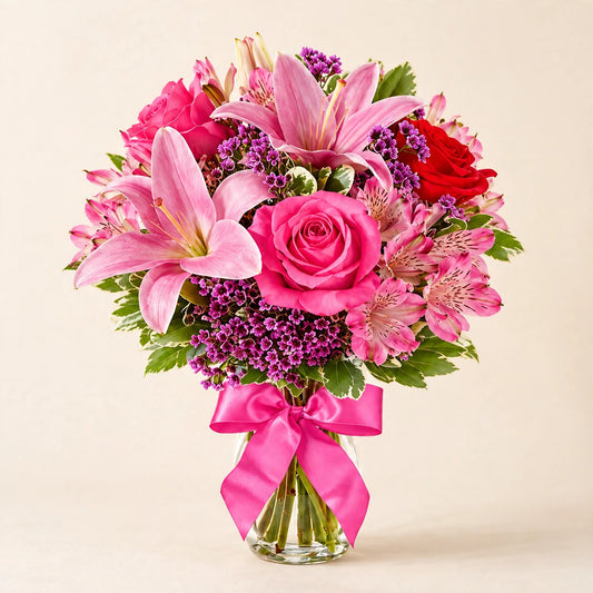 Sweet Rose & Lily Bouquet — pink lilies and roses with a pink satin bow in a glass vase by LaLa Florist in Baldwin Park