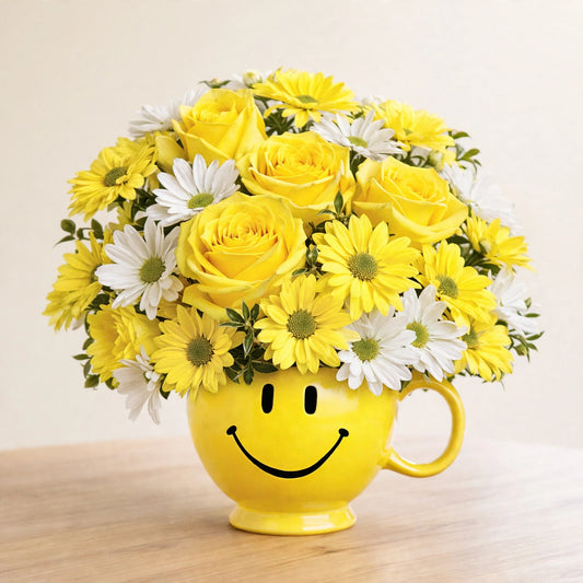 Be Happy Sunshine Mug Bouquet — yellow roses, yellow daisies and white daisies in a yellow smiley-face mug, hand-arranged by LaLa Florist in Baldwin Park