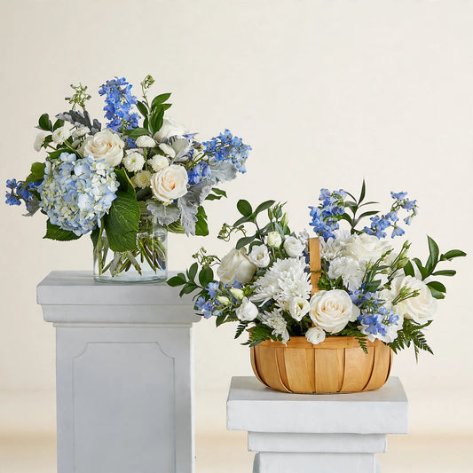 Blessings of Memory Bundle in blue and white with a vase arrangement and a sympathy basket by LaLa Florist, Baldwin Park funeral flowers