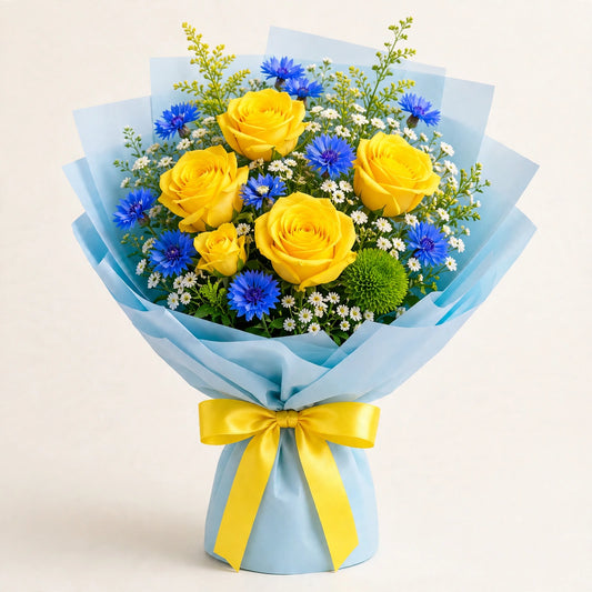Blue Sky Bouquet — yellow roses with blue cornflowers, baby's breath and solidaster in a light-blue wrap, hand-arranged by LaLa Florist in Baldwin Park