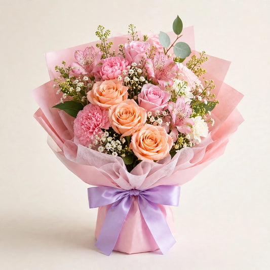 Blushing Bloom Bouquet — blush and peach roses with pink carnations and baby's breath in a pink wrap, hand-arranged by LaLa Florist in Baldwin Park