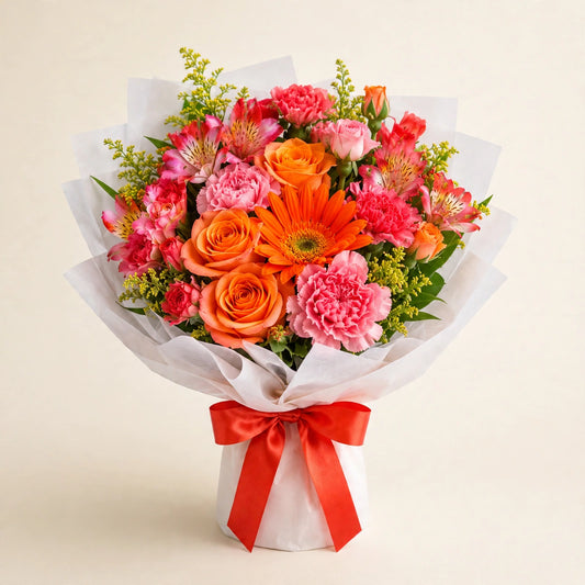 Bright Future Bouquet — orange roses, gerbera daisies and carnations with seasonal flowers, hand-arranged by LaLa Florist in Baldwin Park