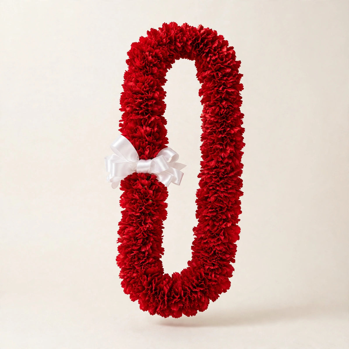 Carnation Graduation Lei — red fresh carnations hand-strung with a ribbon finish, handmade by LaLa Florist in Baldwin Park