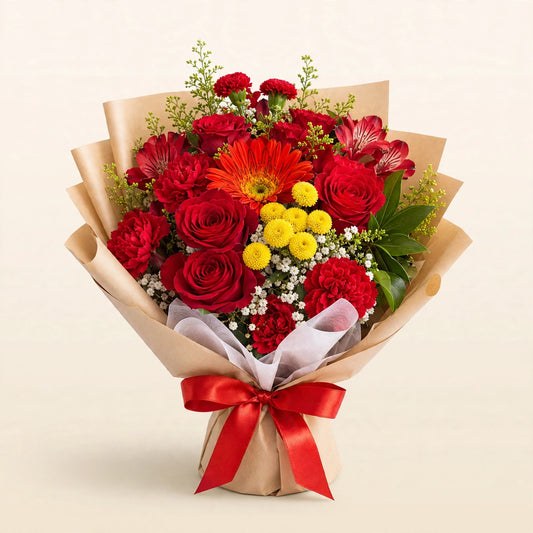 Celebration Red Bouquet — red roses, carnations and gerbera daisies with golden accent blooms, hand-arranged by LaLa Florist in Baldwin Park
