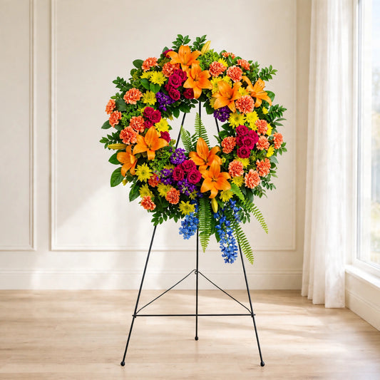 Colorful Serenity Wreath with orange lilies, red roses and colorful blooms on a standing easel by LaLa Florist, Baldwin Park funeral flowers