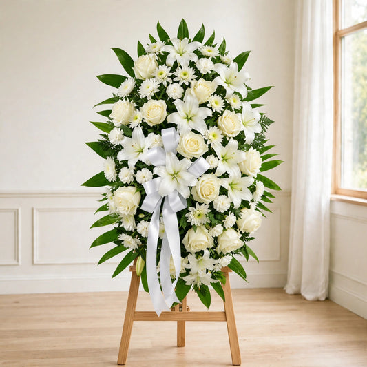 Close front view of the White Lily & Rose standing spray with white lilies, white roses and a white satin ribbon by LaLa Florist, Baldwin Park funeral flowers