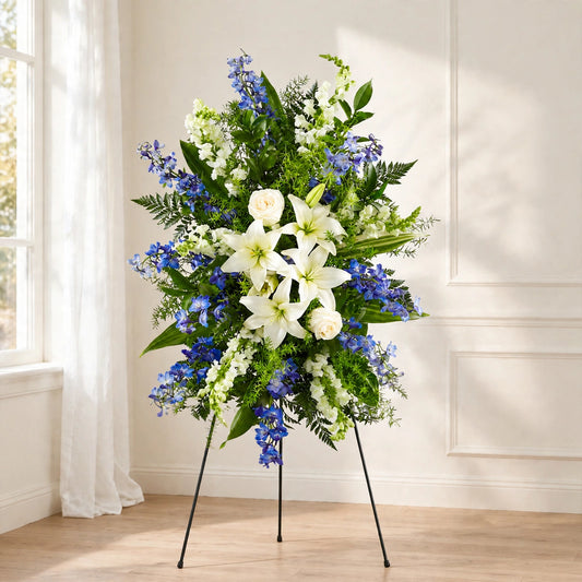 Blue & White Lily standing spray with white lilies, white roses, blue delphinium and white snapdragons on a standing easel by LaLa Florist, Baldwin Park funeral flowers