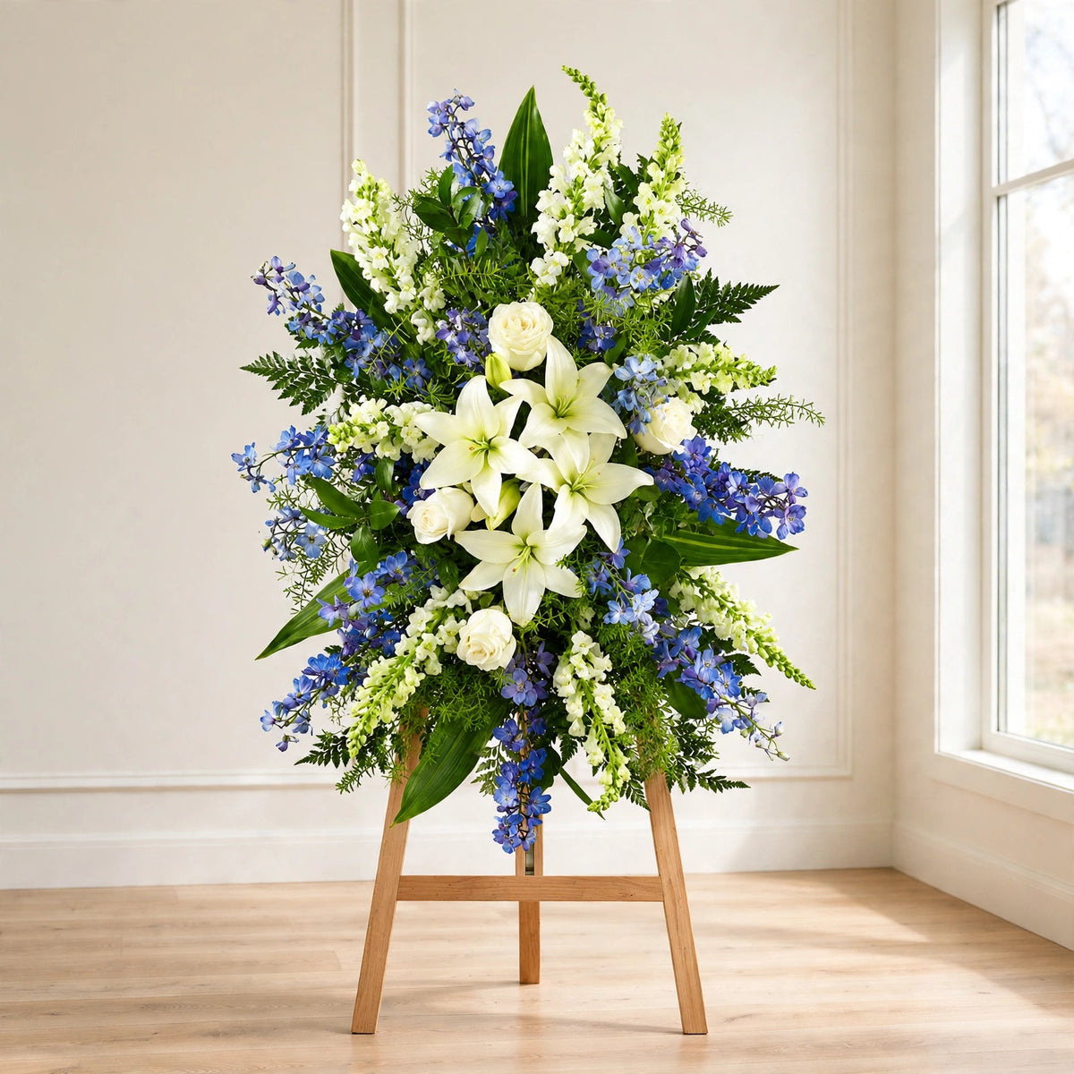 Alternate front view of the Blue & White Lily standing spray with white lilies and blue delphinium by LaLa Florist, Baldwin Park sympathy flowers