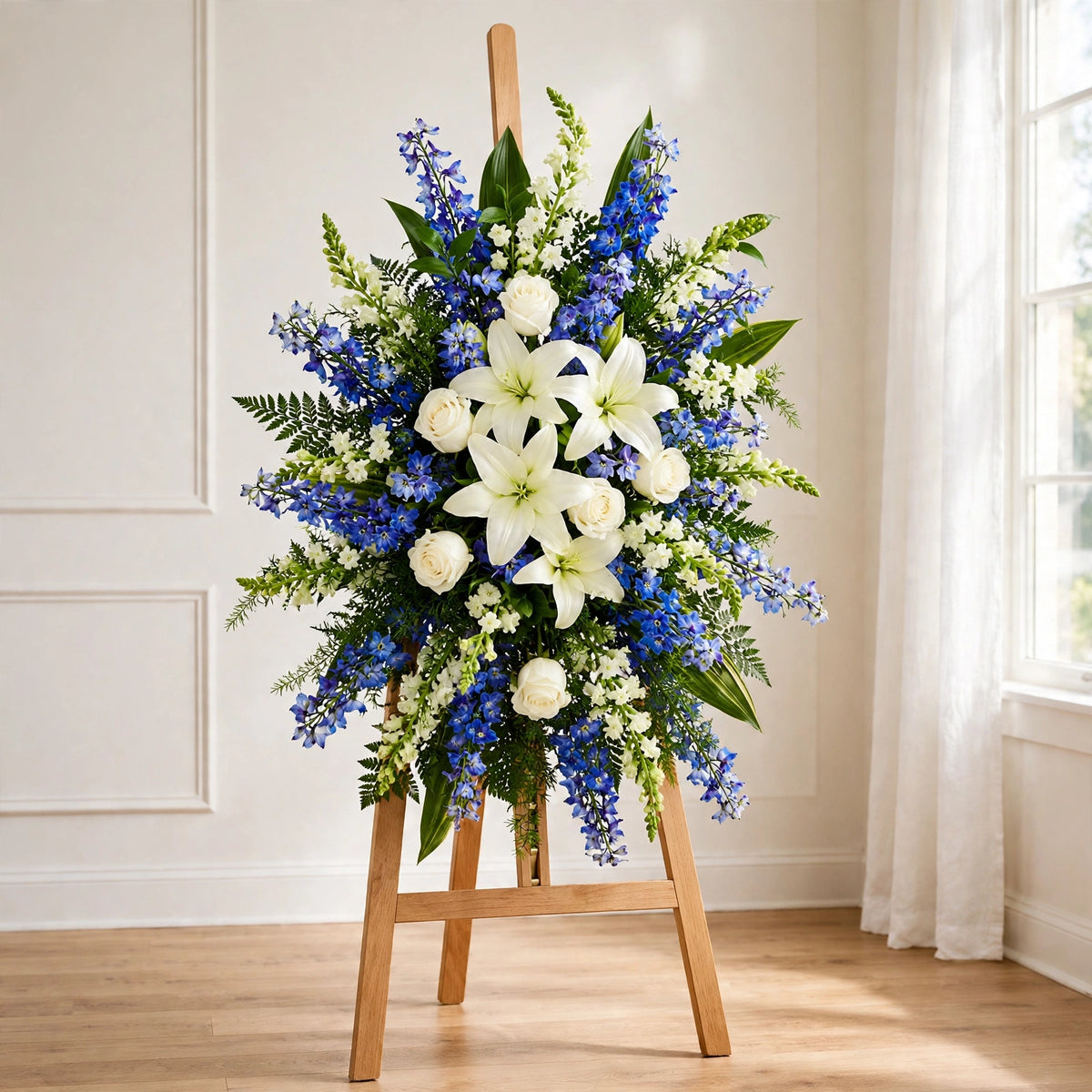 Front view of the Blue & White Lily standing spray showing the full arrangement on a standing easel by LaLa Florist, Baldwin Park funeral flowers