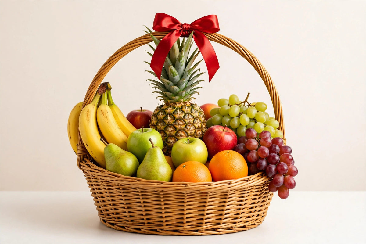 Fresh Fruit Basket – pineapple, grapes, apples and citrus in a wicker basket