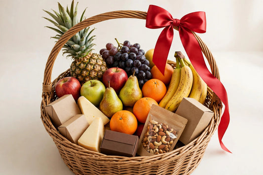 Fruit and Gourmet Gift Basket – fresh fruit with cheese, crackers and chocolate