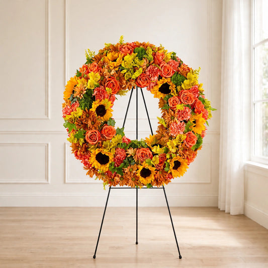 Golden Harvest Wreath with sunflowers, peach roses and orange carnations on a standing easel by LaLa Florist, Baldwin Park funeral flowers