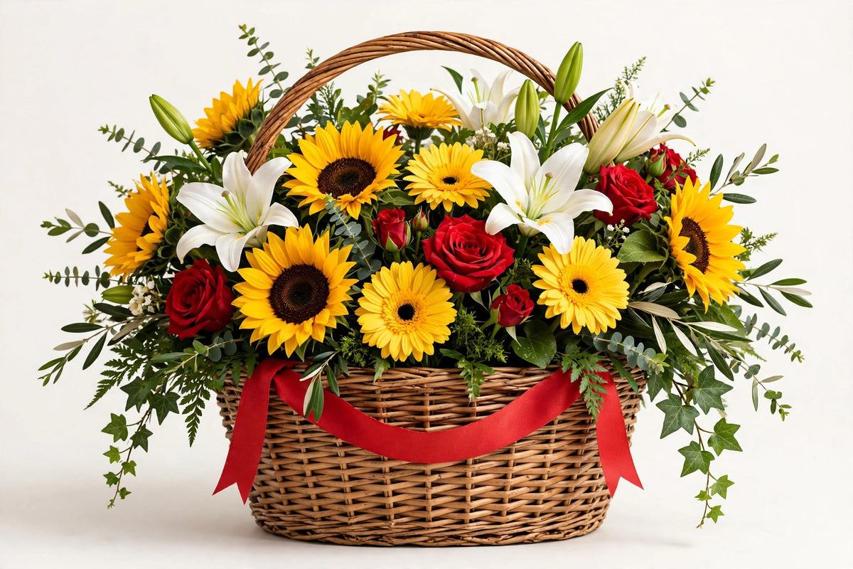 Grand Opening Basket – sunflowers, lilies, gerbera daisies and roses in a woven basket with a red ribbon