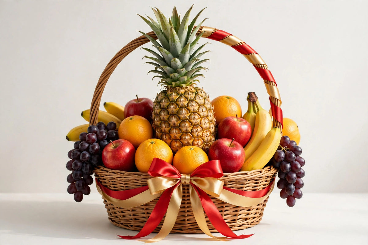 Grand Opening Fruit Basket – pineapple prosperity basket with red and gold ribbon