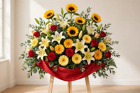Grand Opening Standing Spray – sunflowers, lilies and roses on a light wood easel with a red banner