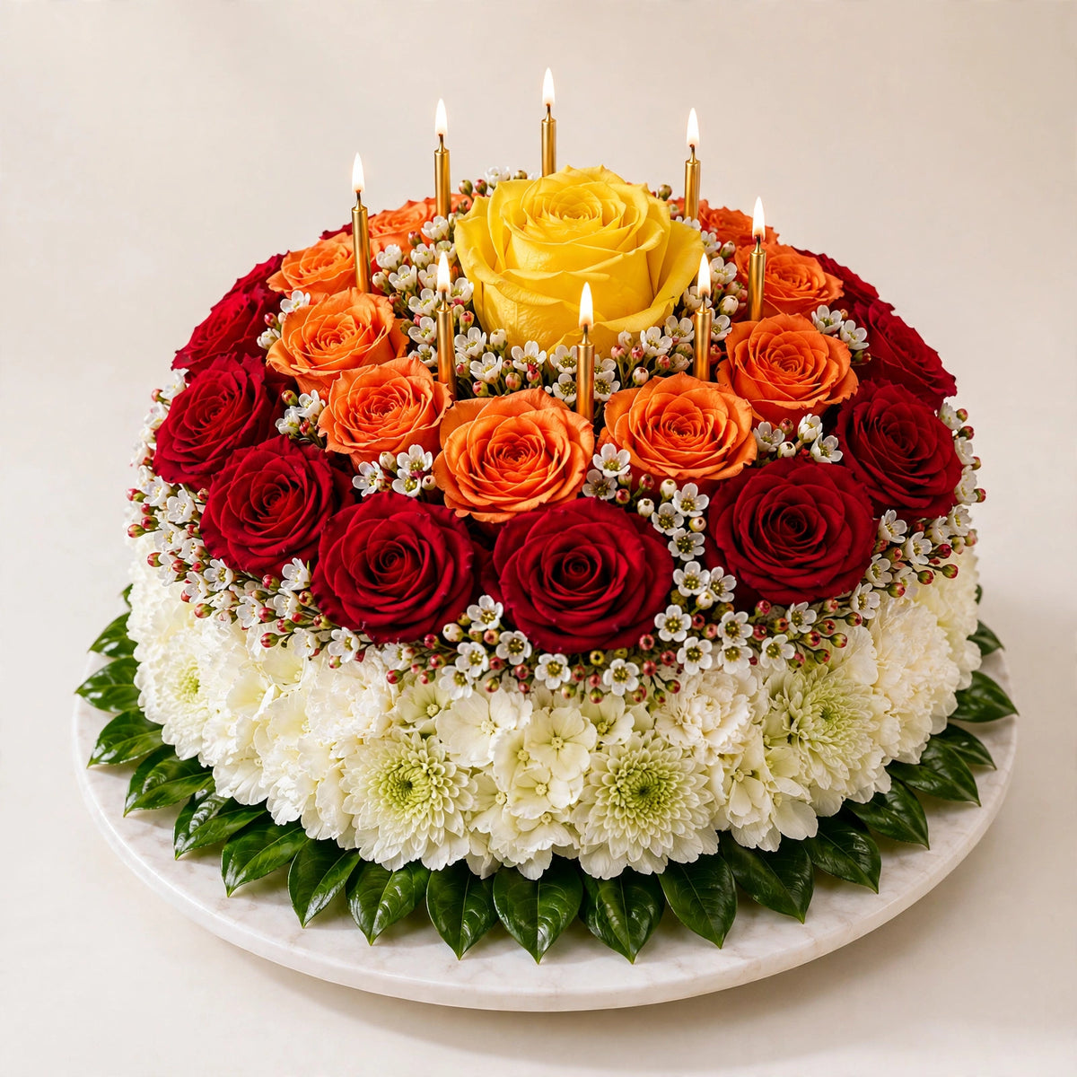 Luxury Birthday Rose Cake — floral birthday cake arrangement with premium roses and purple forget-me-not by LaLa Florist in Baldwin Park