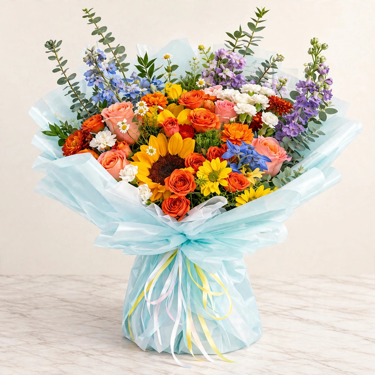 Mixed Garden Bouquet with Sunflowers & Roses — sunflowers, orange roses, blue delphinium and purple statice wrapped in light blue paper, hand-arranged by LaLa Florist in Baldwin Park