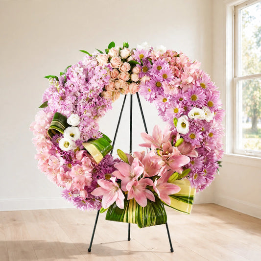 Pink Serenity Wreath with pink lilies, pink hydrangea and chrysanthemums on a standing easel by LaLa Florist, Baldwin Park funeral flowers