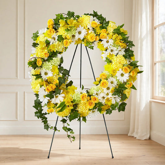 Golden Remembrance Wreath with yellow roses, yellow chrysanthemums and white daisies on a standing easel by LaLa Florist, Baldwin Park funeral flowers